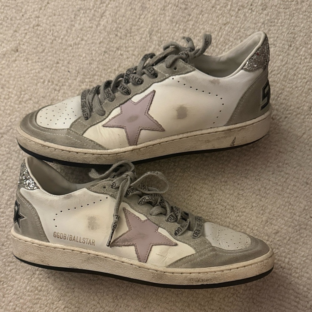 Golden Goose White and Gray Sneakers with Pink Star